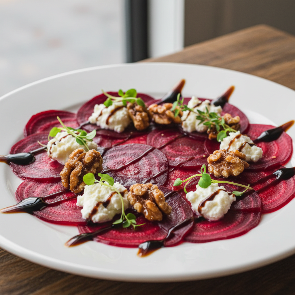 Roasted beet carpaccio with horseradish cream and candied walnuts on a white plate