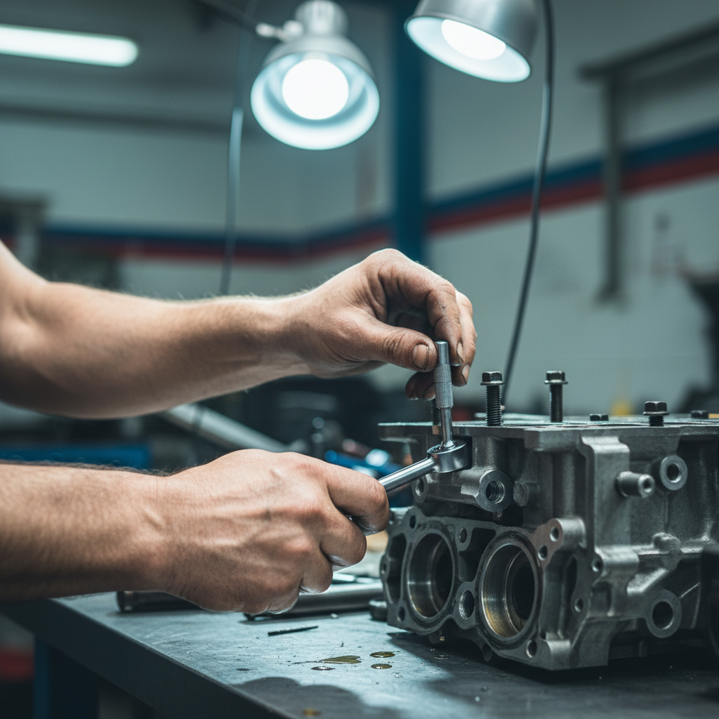 Mechanic hands installing engine component under workshop lighting, torque wrench visible