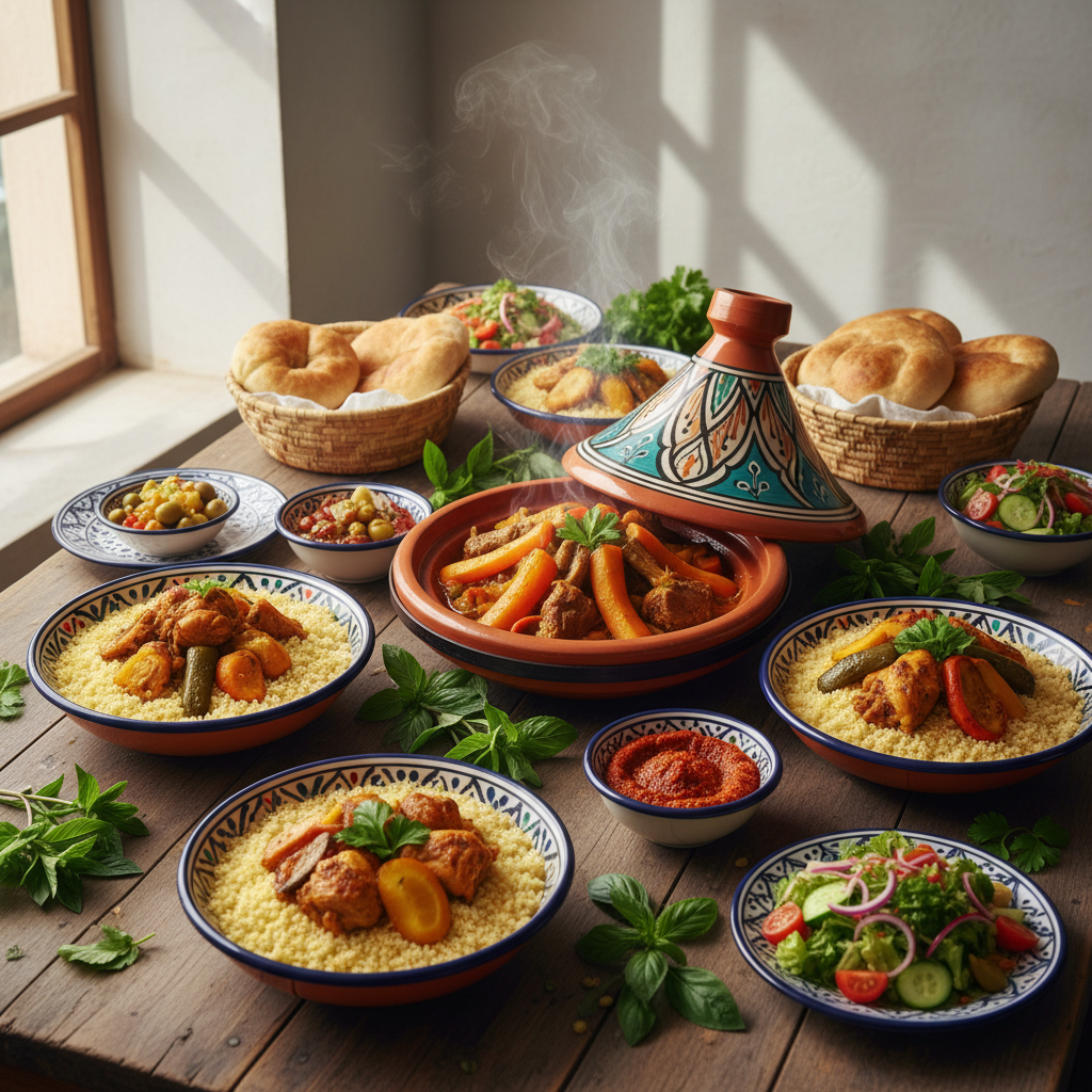 Colorful array of Nepalese tapas dishes arranged on dark wooden table with traditional brass serving bowls and fresh herbs