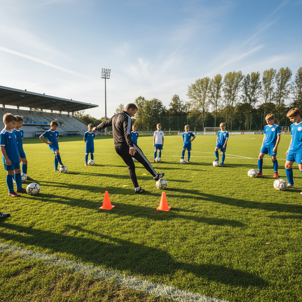 Youth football players in training, coach instructing on technique, green pitch, afternoon light