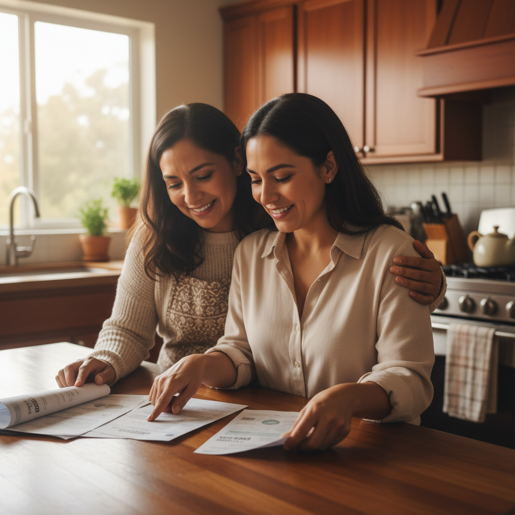 A Latina mother and daughter in a warm kitchen, looking at energy bills together with relief on their faces