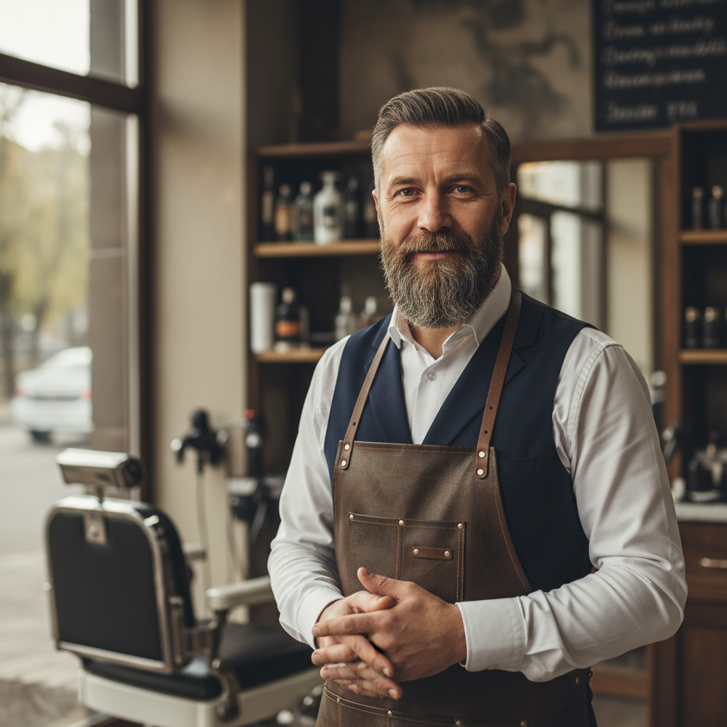Black barber with short beard looking confidently at the camera