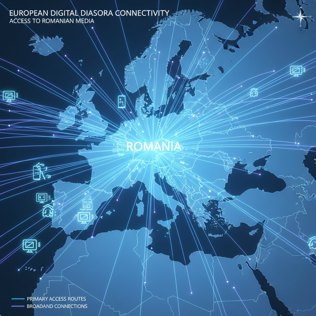 Hartă Europa cu conexiuni digitale reprezentând accesul la canale românești din diaspora