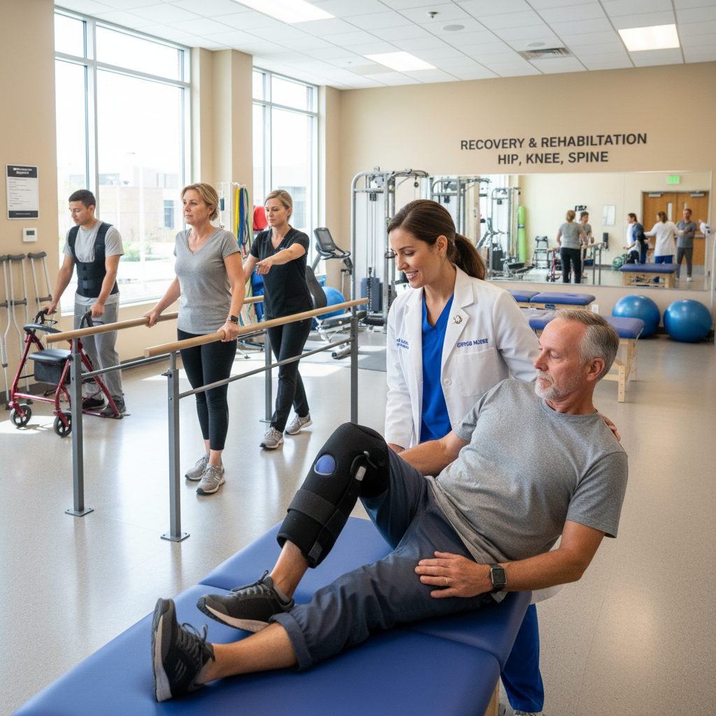 Male medical professional in scrubs standing in bright rehabilitation room