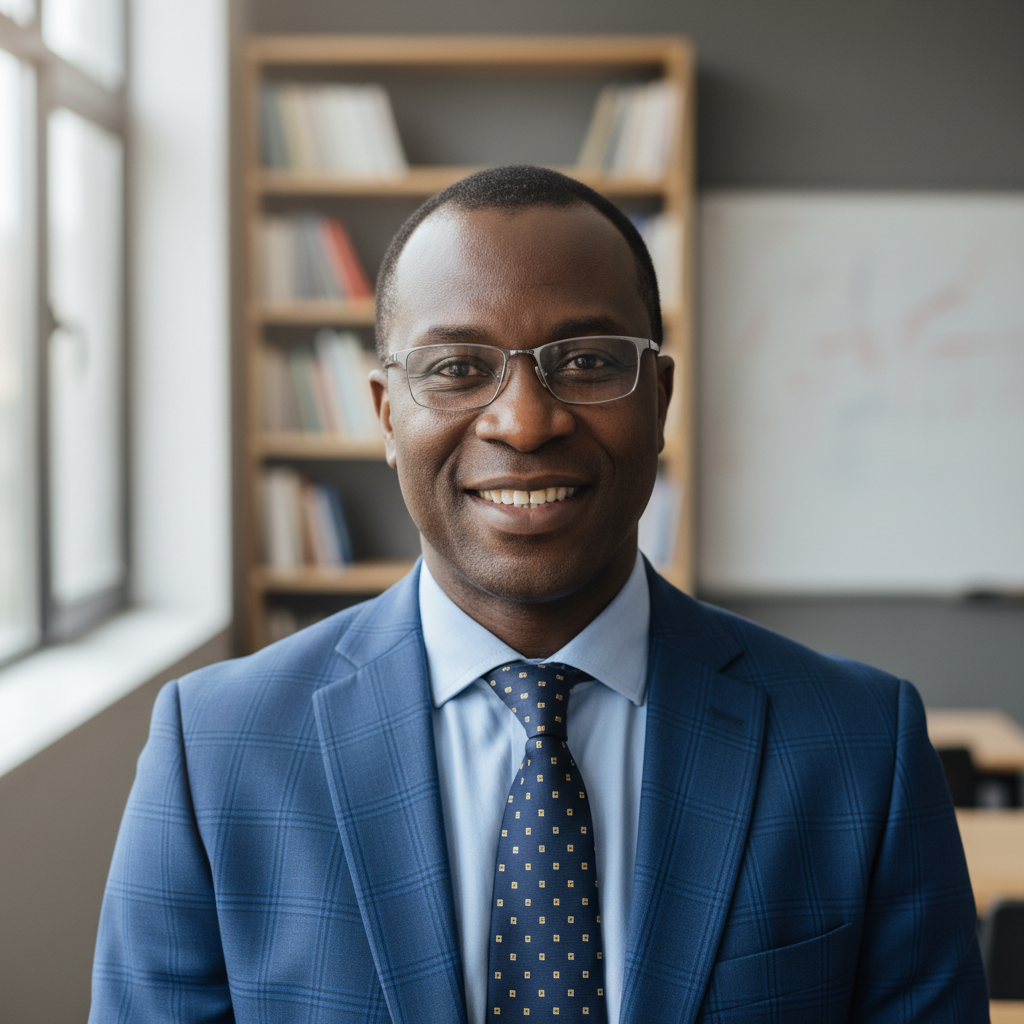 Ethiopian male professor, confident warm expression, academic setting