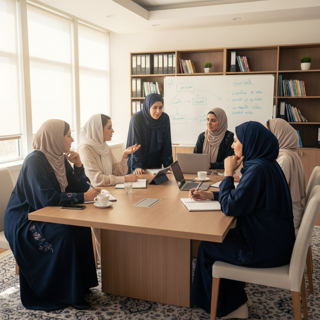 Two professional teachers in formal discussion at a school table with notebooks, one wearing traditional Omani dress