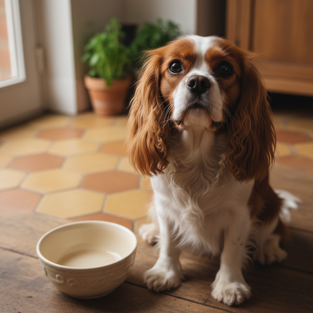 Cute beagle dog eating from a white ceramic bowl on a clean kitchen floor, bright natural light