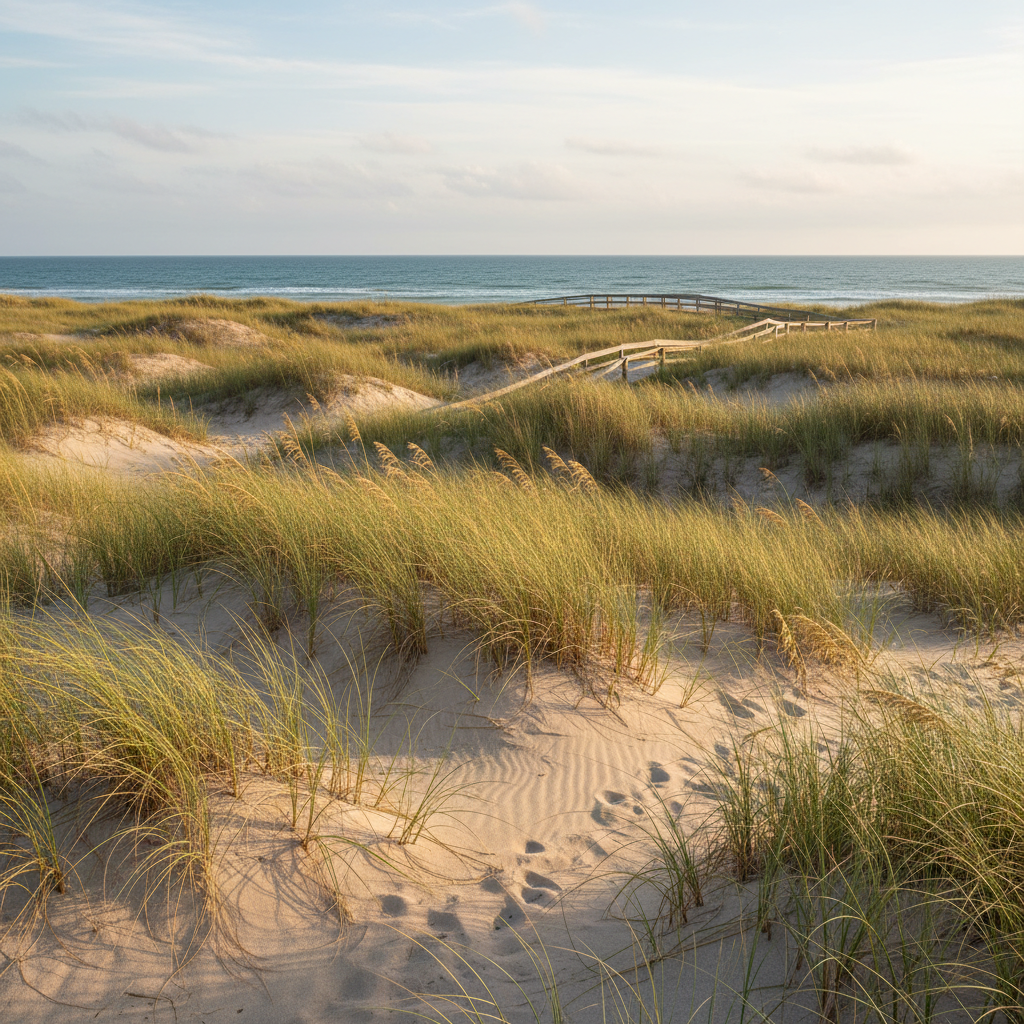 Restored dune system with native sea oats grass stabilizing sand against coastal erosion