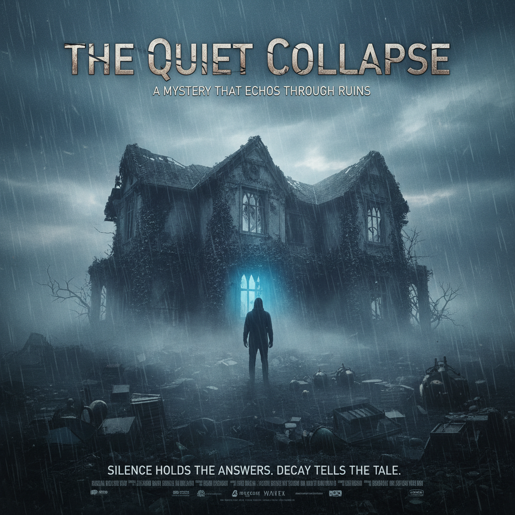 The Quiet Collapse mystery movie poster with moody atmosphere
