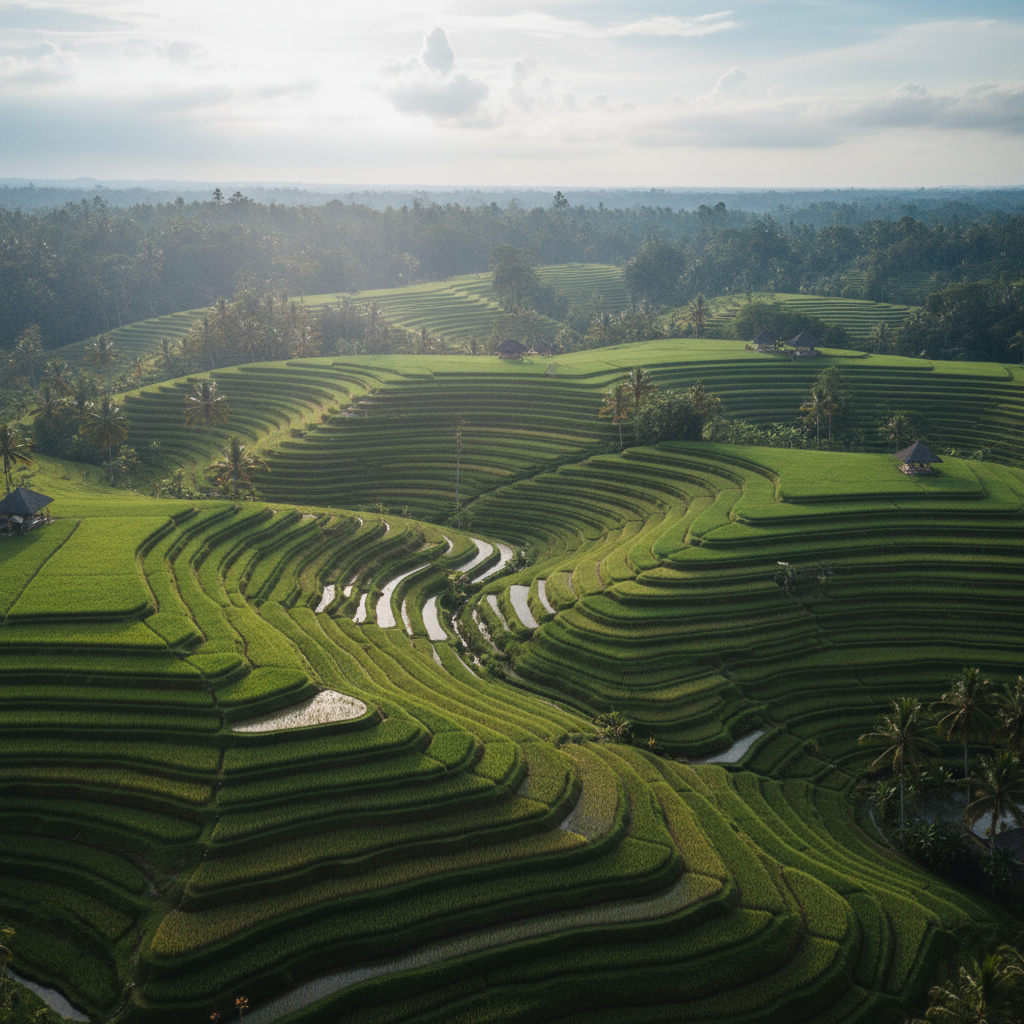 Lush green Bali rice terraces with traditional temple, bright tropical daylight, open verdant landscape