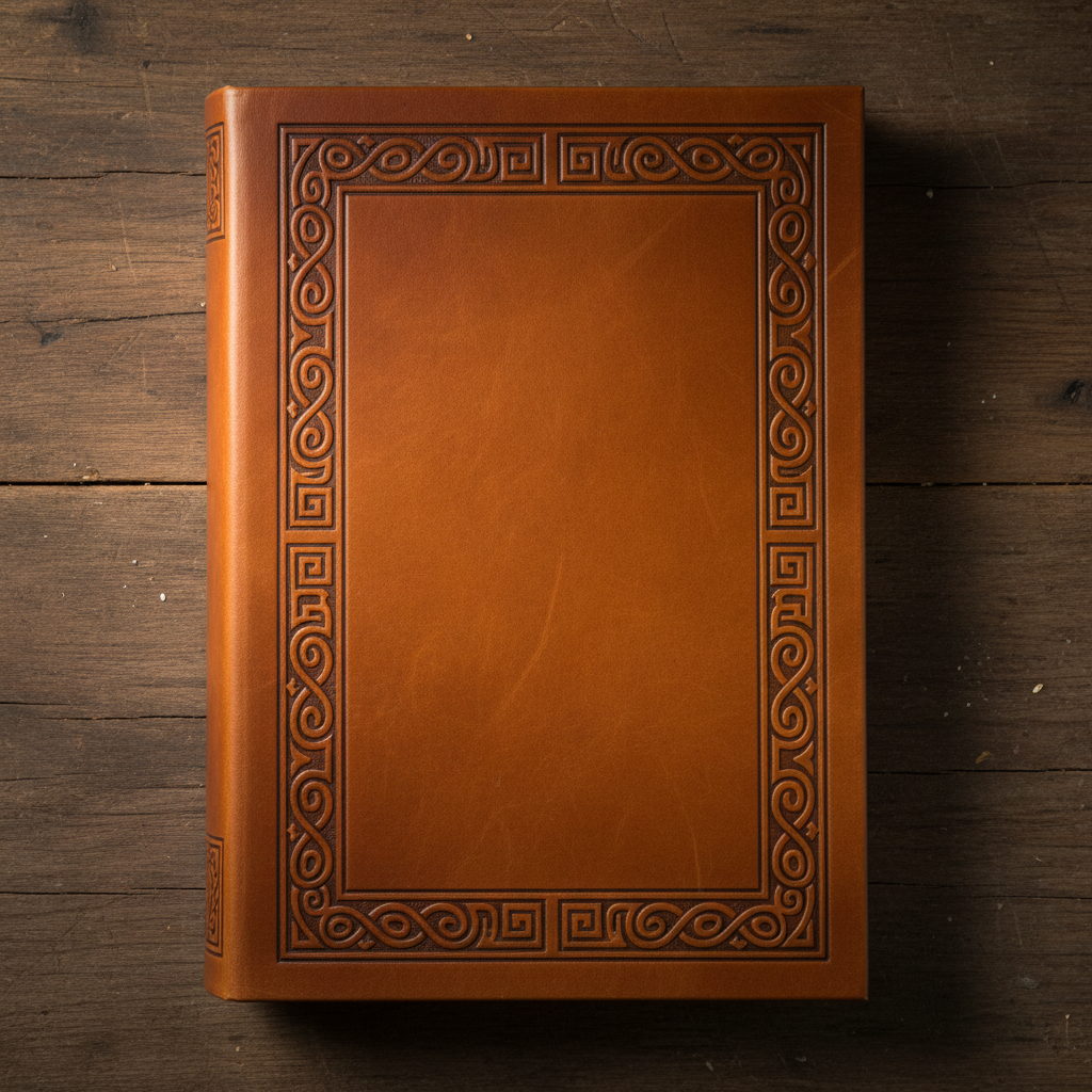 Leather book cover with blind-stamped decorative border pattern in warm workshop light