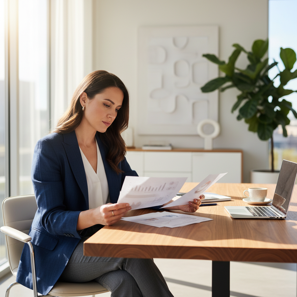 Professional business consultants in a bright modern office, reviewing strategy documents, clean white environment, natural light