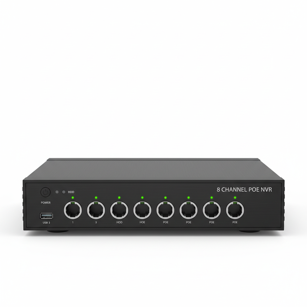 Professional network video recorder with multiple channel ports, dark server-room environment with indicator lights visible
