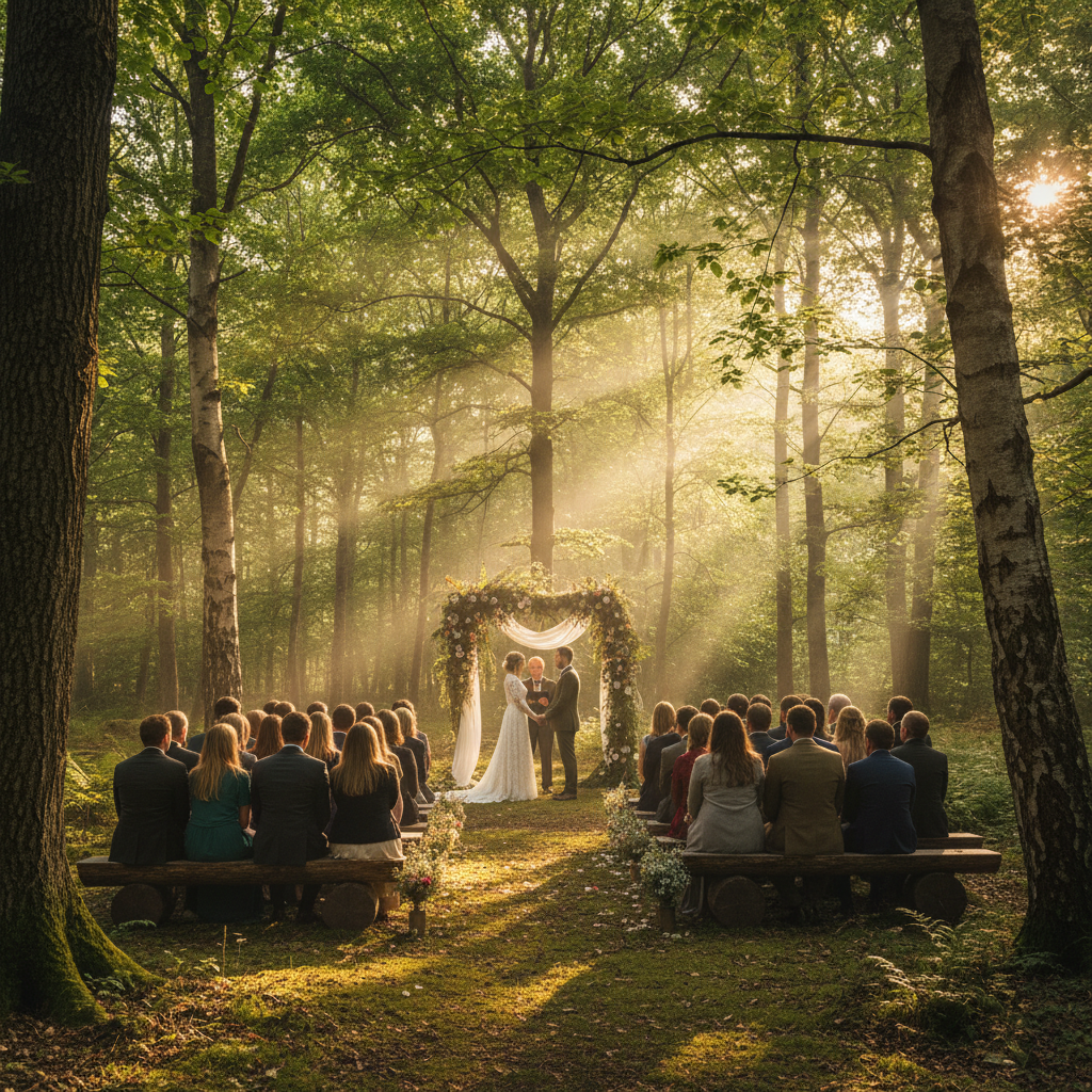 Woodland wedding ceremony in golden hour light, guests seated on log benches, tree canopy overhead