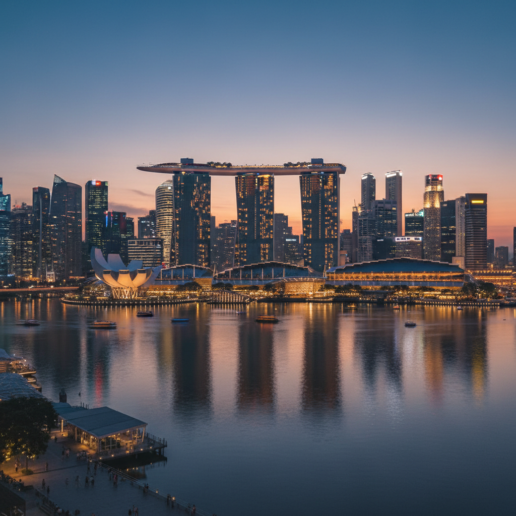 Singapore Marina Bay at night, dark dramatic sky, city lights reflecting on bay water, deep shadows between towers, moody cinematic atmosphere