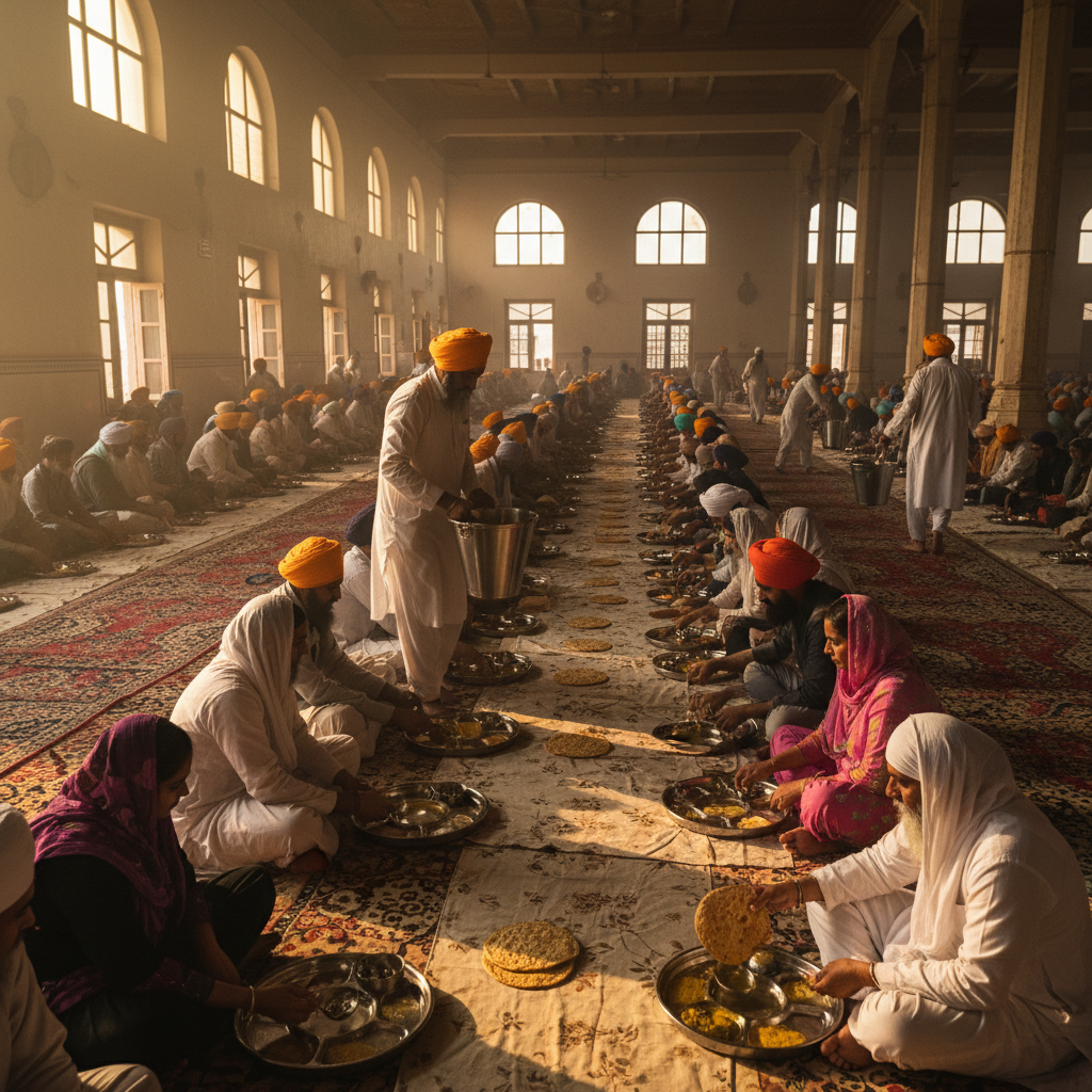 Hundreds of Sangat seated in rows on the langar hall floor, sevadars moving between lines carrying steel buckets of daal, roti being passed hand to hand in warm golden light