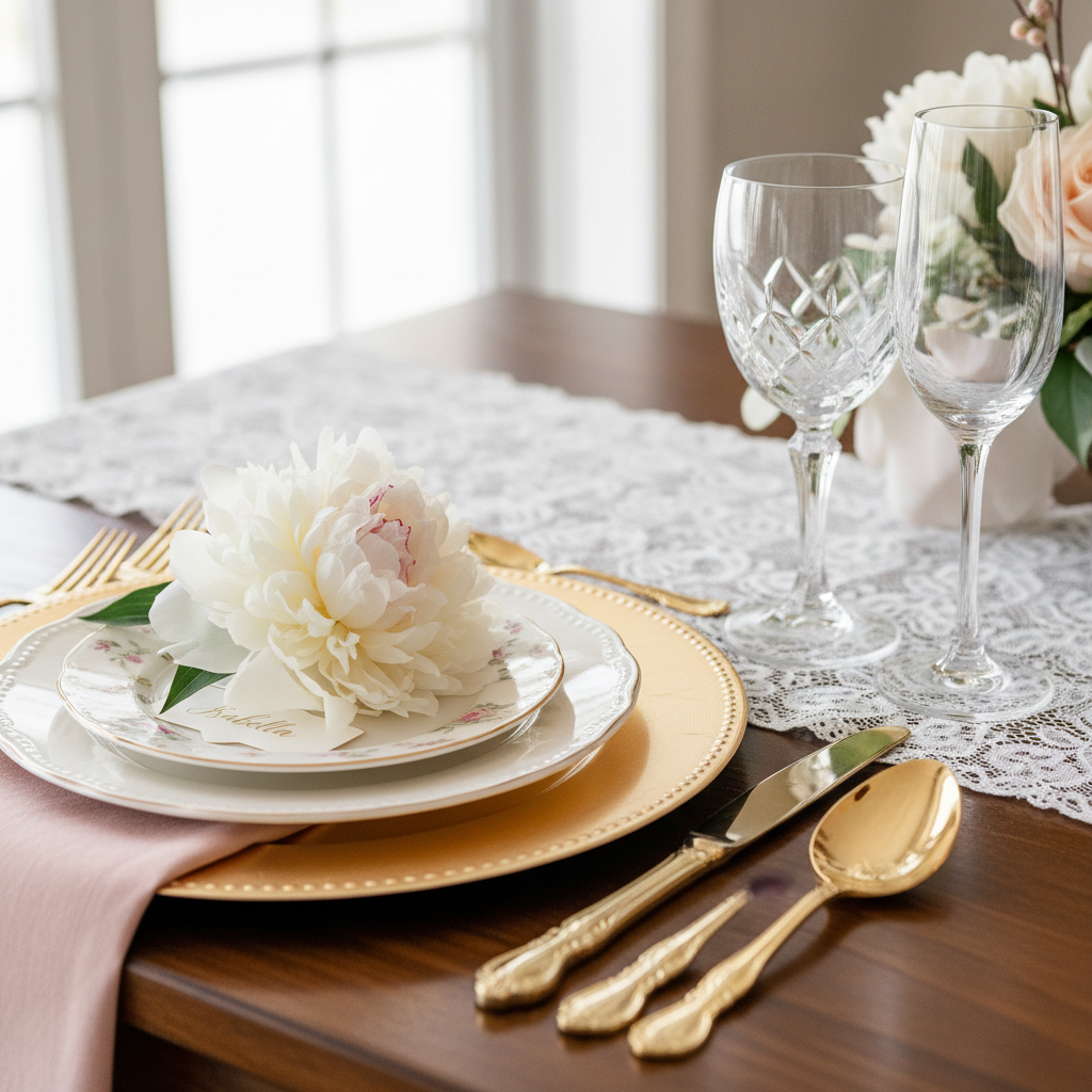 Close-up of fine dining place setting with gold-rimmed china, crystal wine glasses, and fresh flowers in the GrandRail dining car