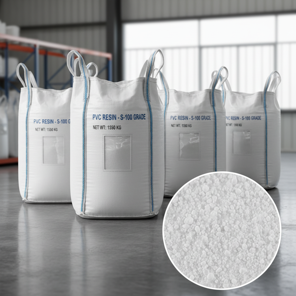 White PVC resin powder in industrial bags stacked in a warehouse