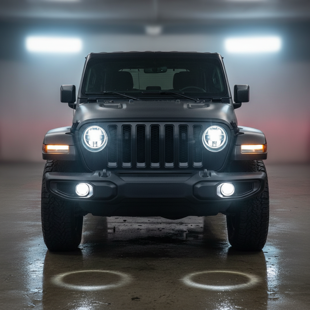 Matte black Jeep Wrangler Sahara photographed straight-on in a dark studio, LED headlights and amber running lights illuminating wet concrete floor