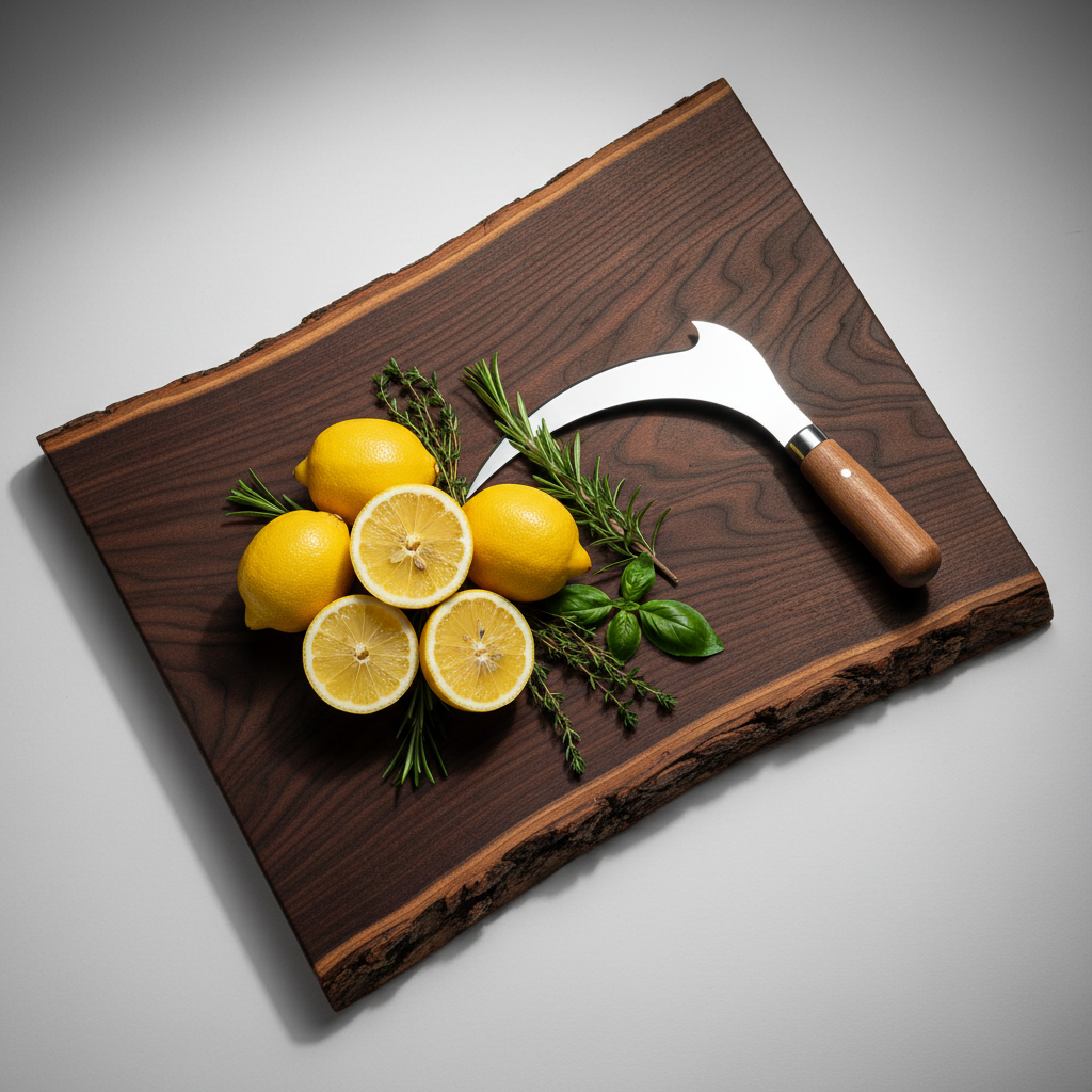 Fresh herbs and seasoning including green scallion, thyme, garlic on dark wooden cutting board, moody lighting