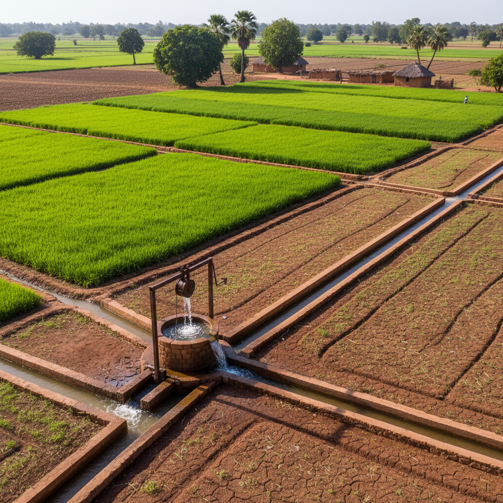 Aerial view of agricultural fields in Tanzania with irrigation systems and farming equipment
