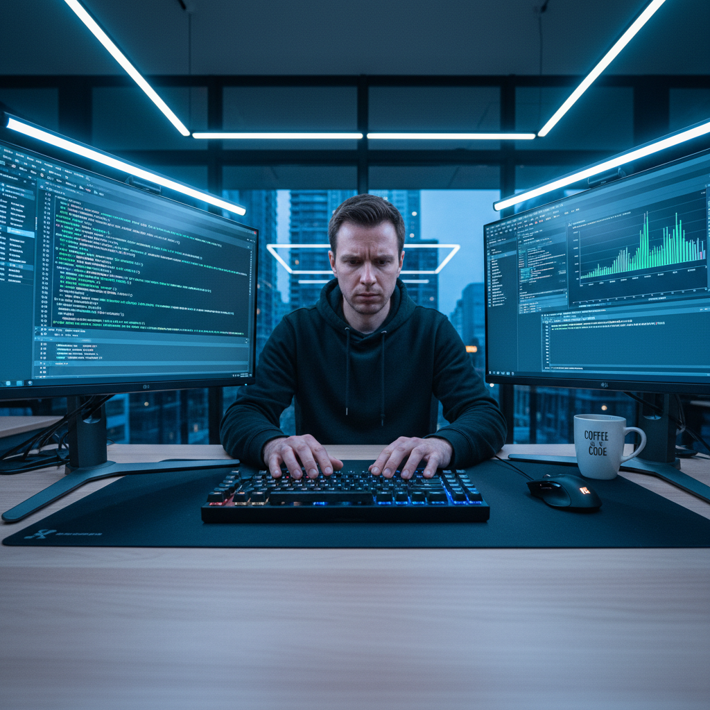 Developer working at a dual-monitor setup in a modern office, dark ambient lighting with blue and amber screen glow, focused atmosphere