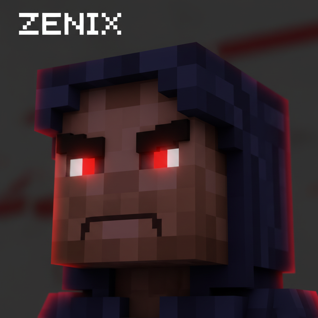 ZENIX — Minecraft player profile portrait with dramatic dark background and red lighting