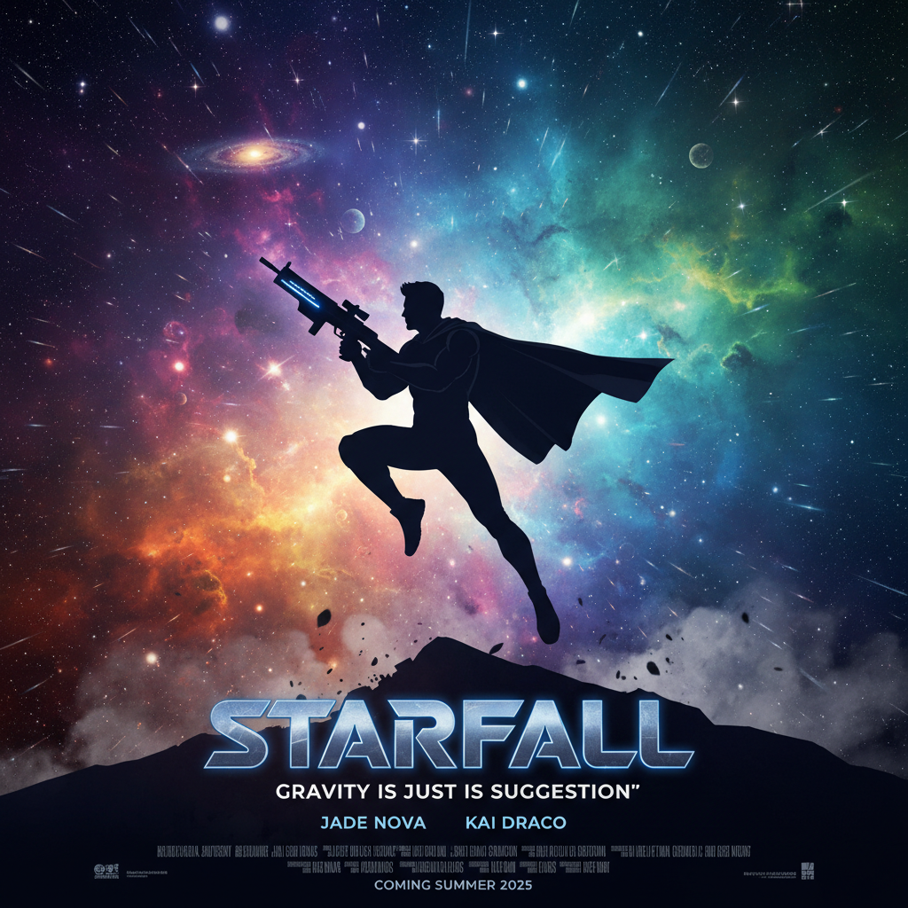 Fantasy space movie scene with lightning and colorful cosmic background and heroic figure