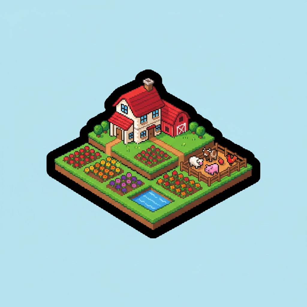Colorful pixel art farm simulation game