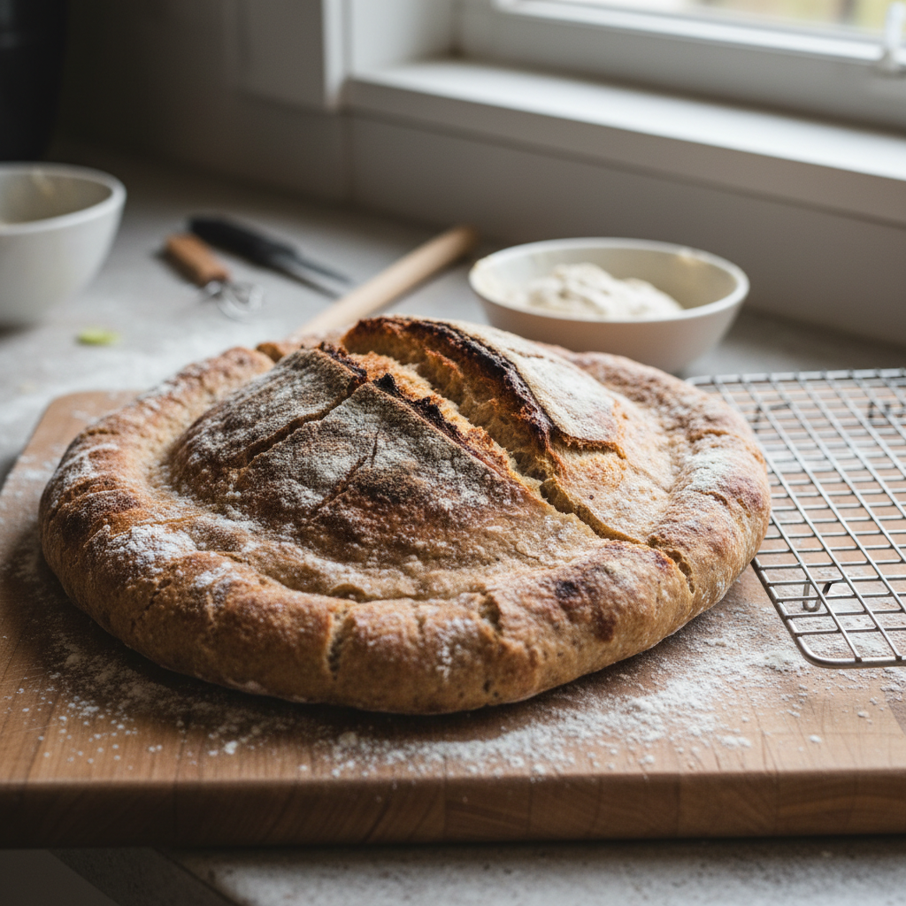 Round country sourdough loaf with scored crust on wooden board