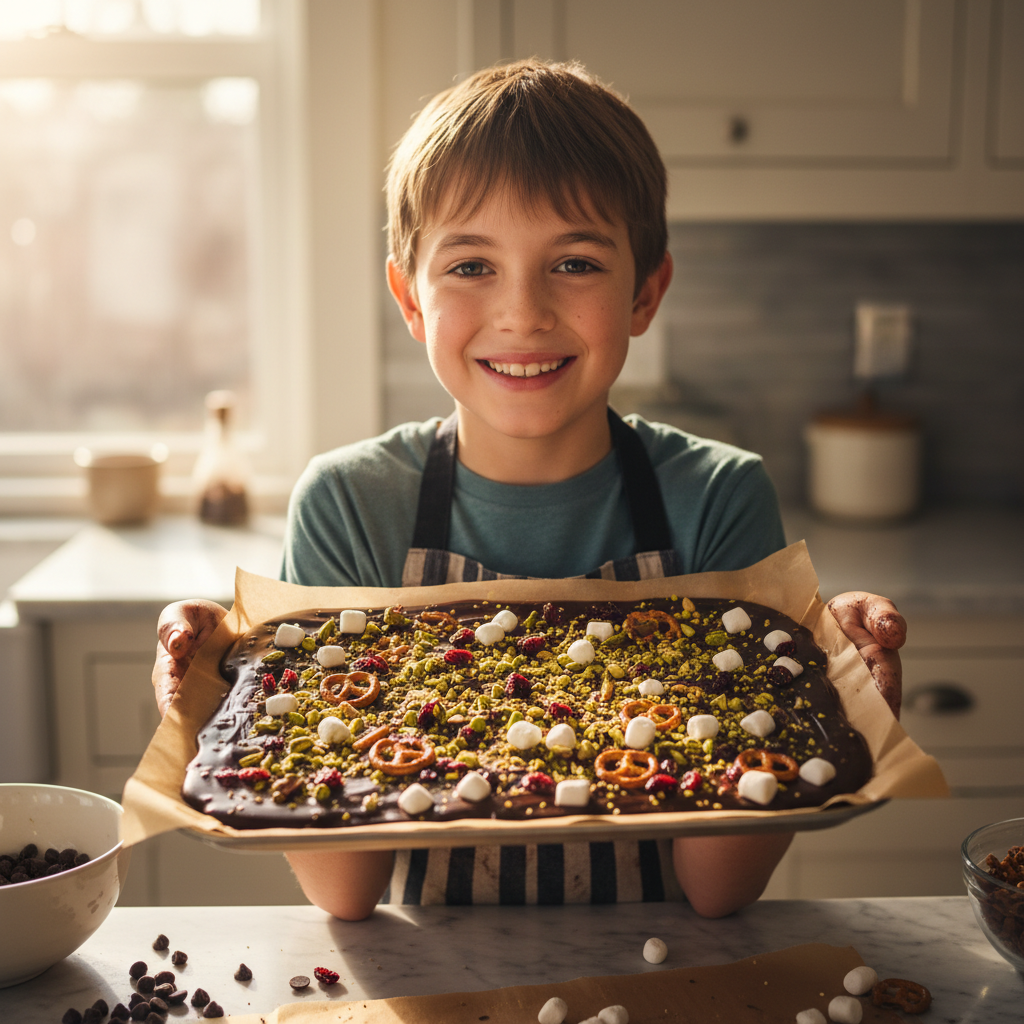 Eleven-year-old boy in kitchen showing off his chocolate bark creation