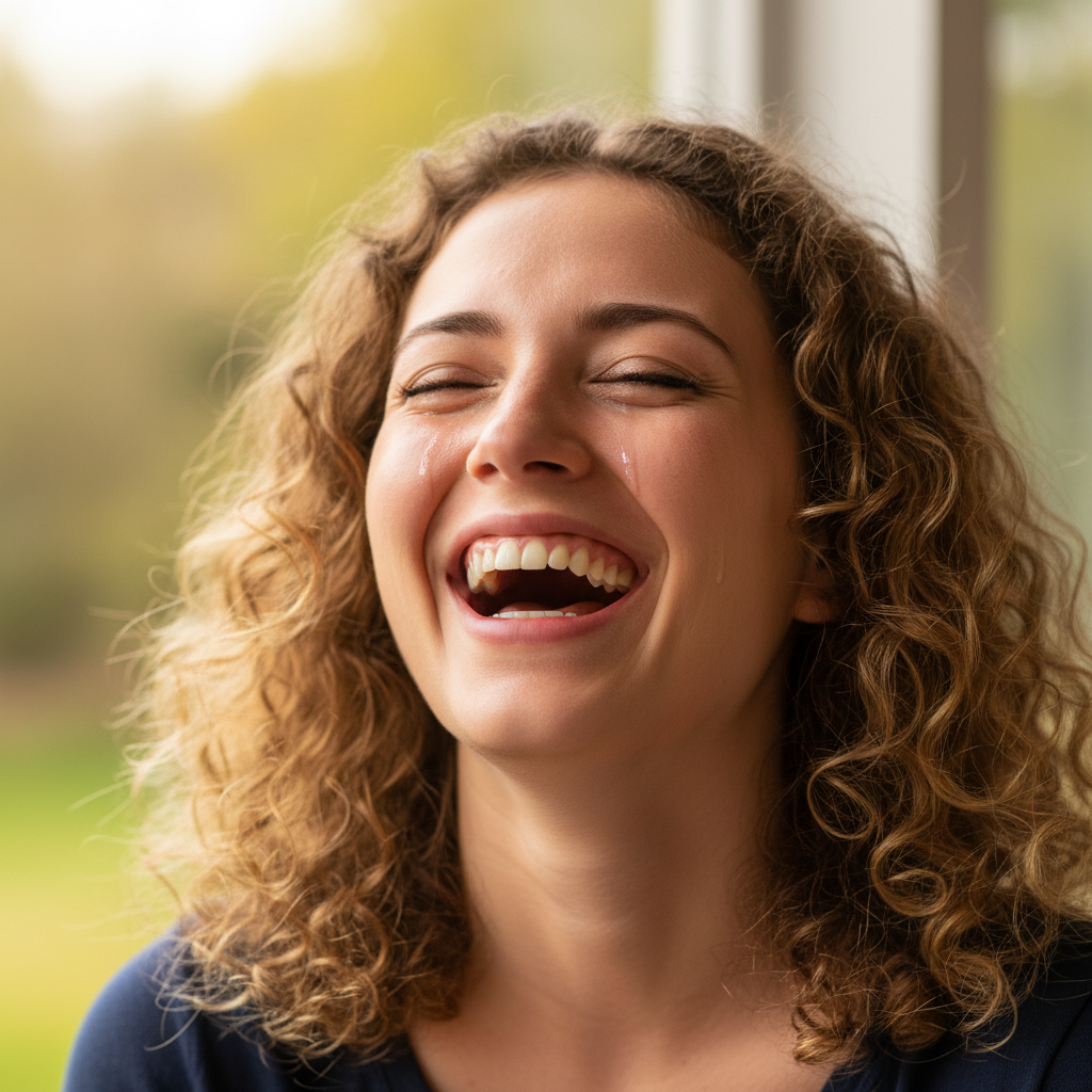 Young woman laughing so hard her eyes are streaming, outdoors