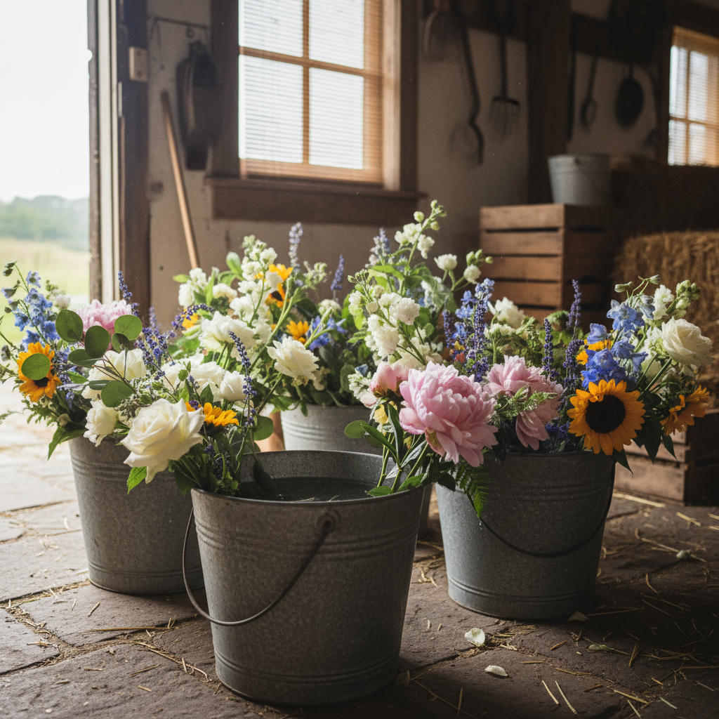 Deep metal buckets filled with water holding mixed cut flower stems in a shaded barn doorway