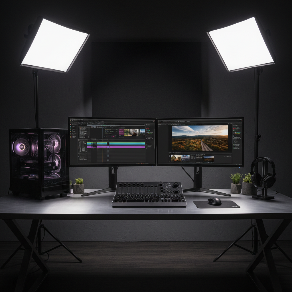 Professional video editing setup with bright monitors showing timeline in modern studio