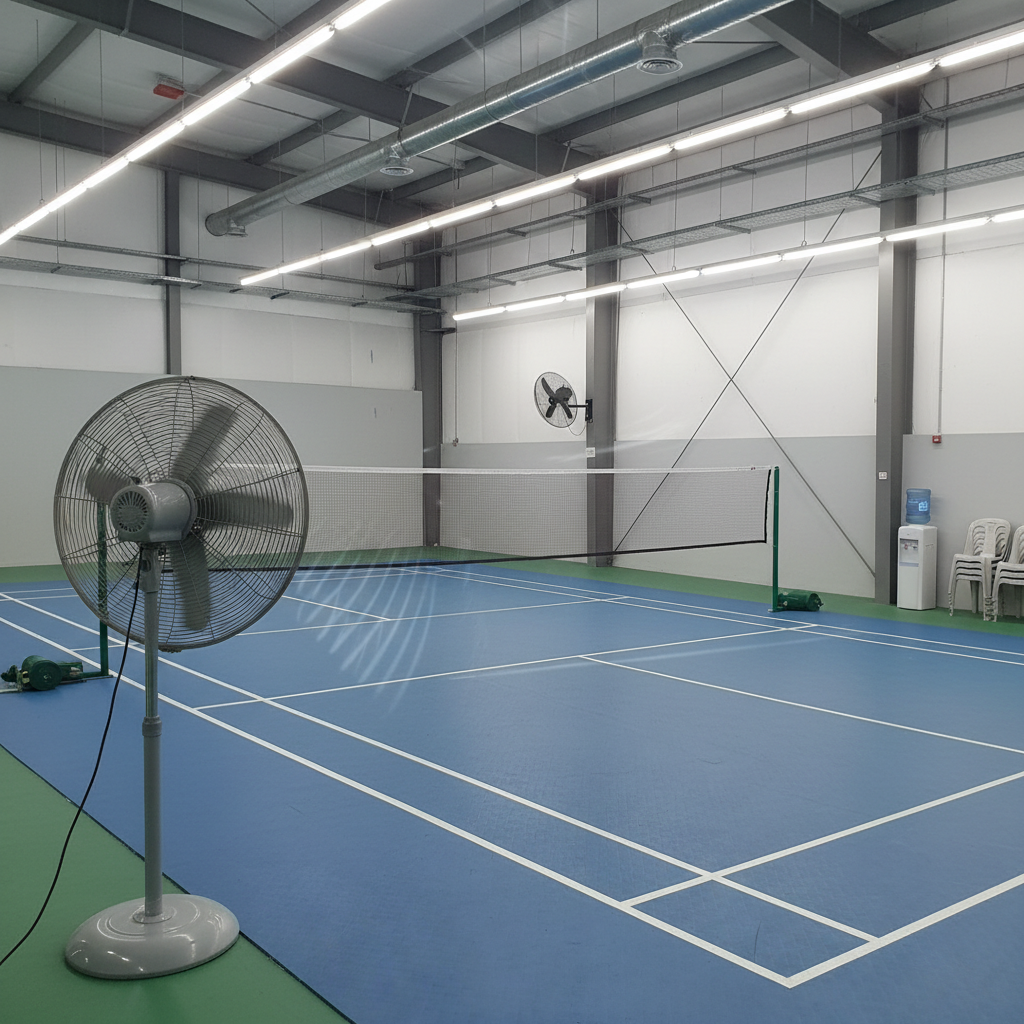 Economy singles badminton court H with PVC mat and fan cooling
