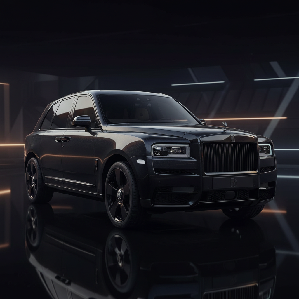 Rolls-Royce Cullinan Black Badge in deep black parked on cobblestone street at night with city lights
