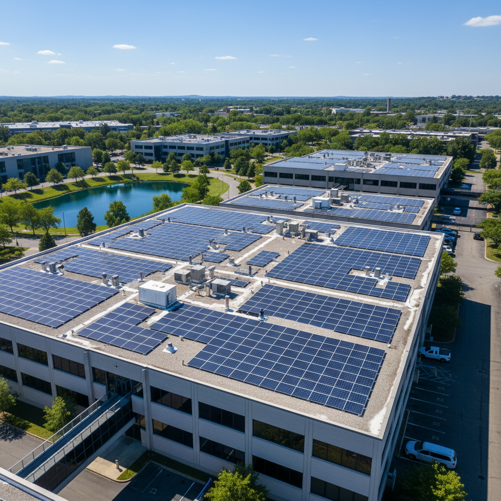 Aerial view of commercial district with multiple flat-roof buildings in Chicago, sunny day