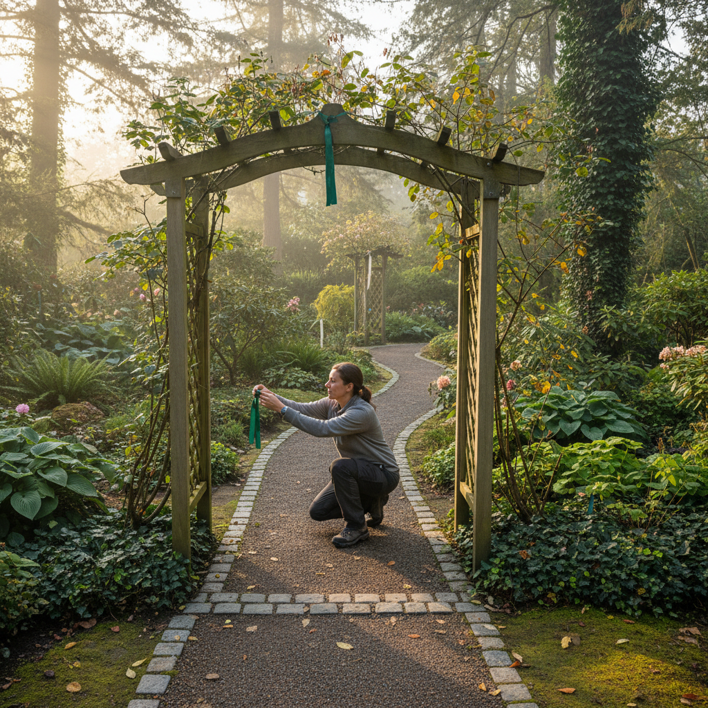 Coordinator marking accessible path through garden with subtle ribbon markers before ceremony
