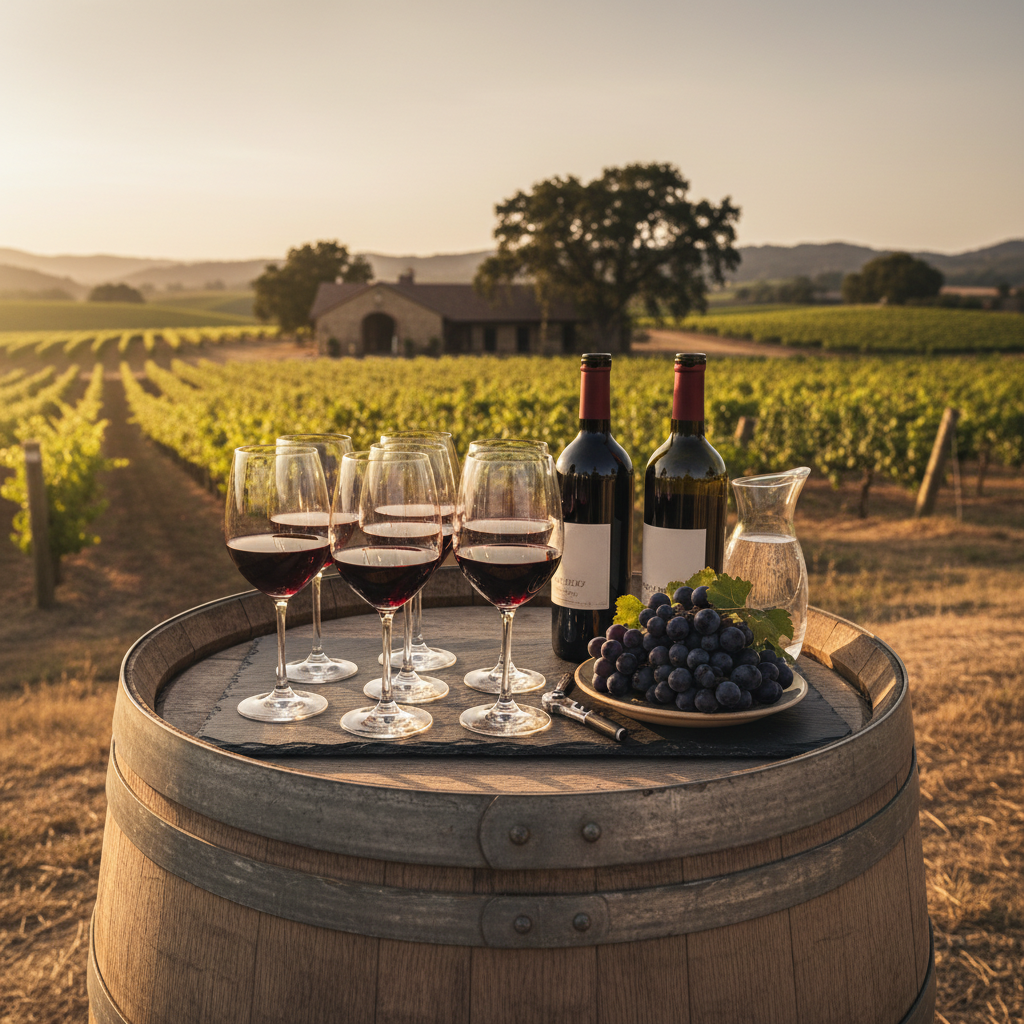 Wine tasting experience with elegant glasses and warm lighting, professional sommelier setting