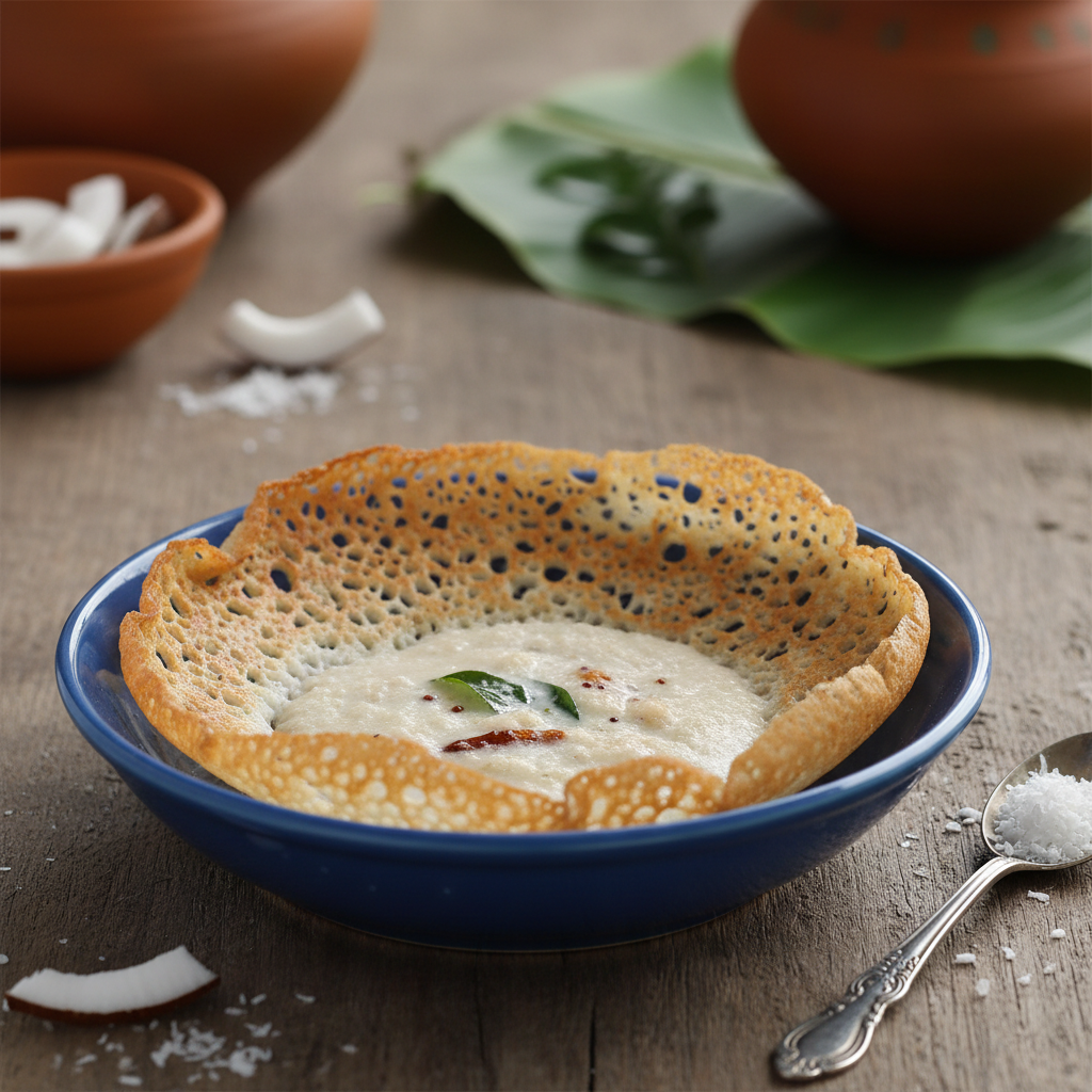 Appam — lacy white Kerala rice hoppers with crispy edges and soft centre, served alongside a bowl of creamy coconut milk vegetable stew