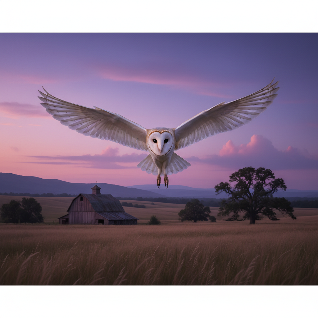 Barn owl mid-wingbeat against violet dusk sky, wings fully extended showing white underside