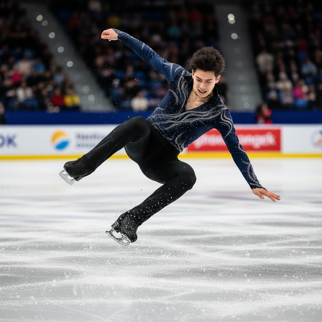 Male skater attempting a quad toe loop with fall on landing