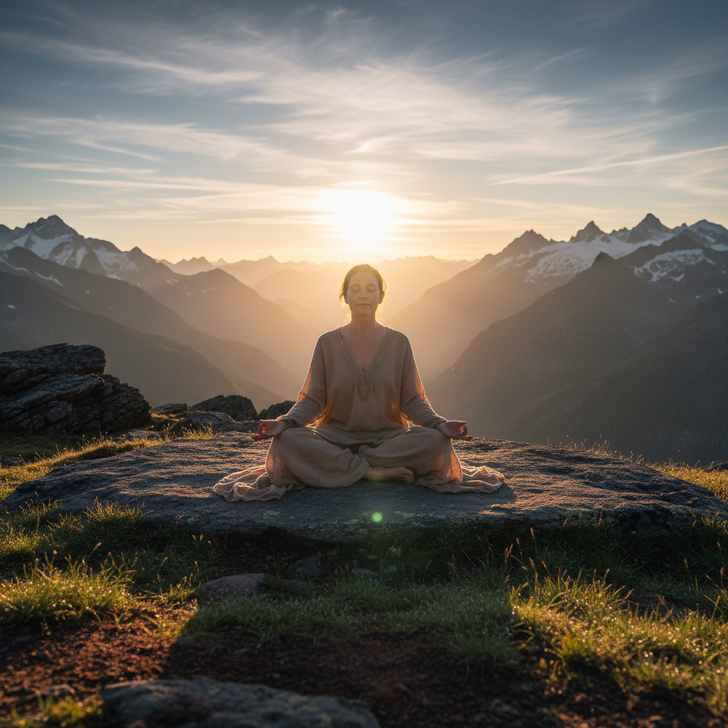 Mulher em meditação ao amanhecer em campo aberto, luz dourada envolvente, postura serena e contemplativa