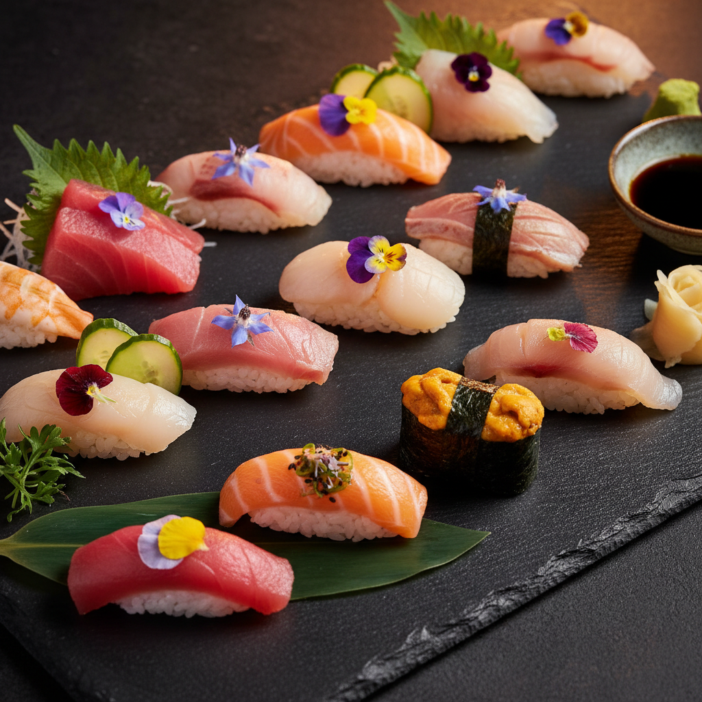 Beautifully plated sushi omakase course on a wooden board