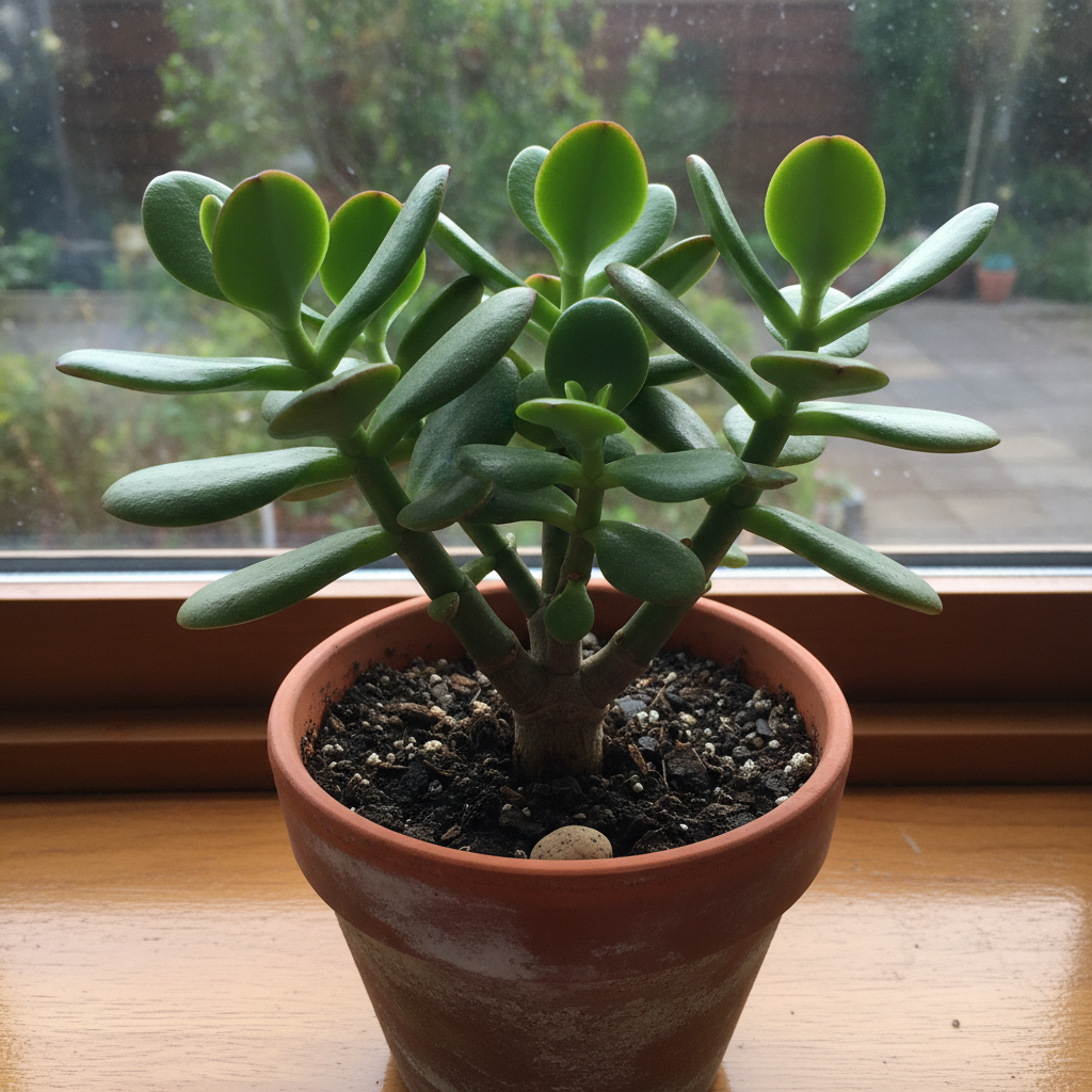Small jade plant trained as bonsai with thick trunk in shallow ceramic pot