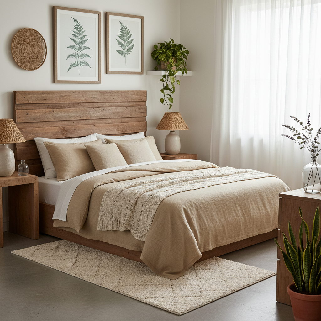 Staged primary bedroom with organic linen bedding, reclaimed wood headboard, and soft botanical accents