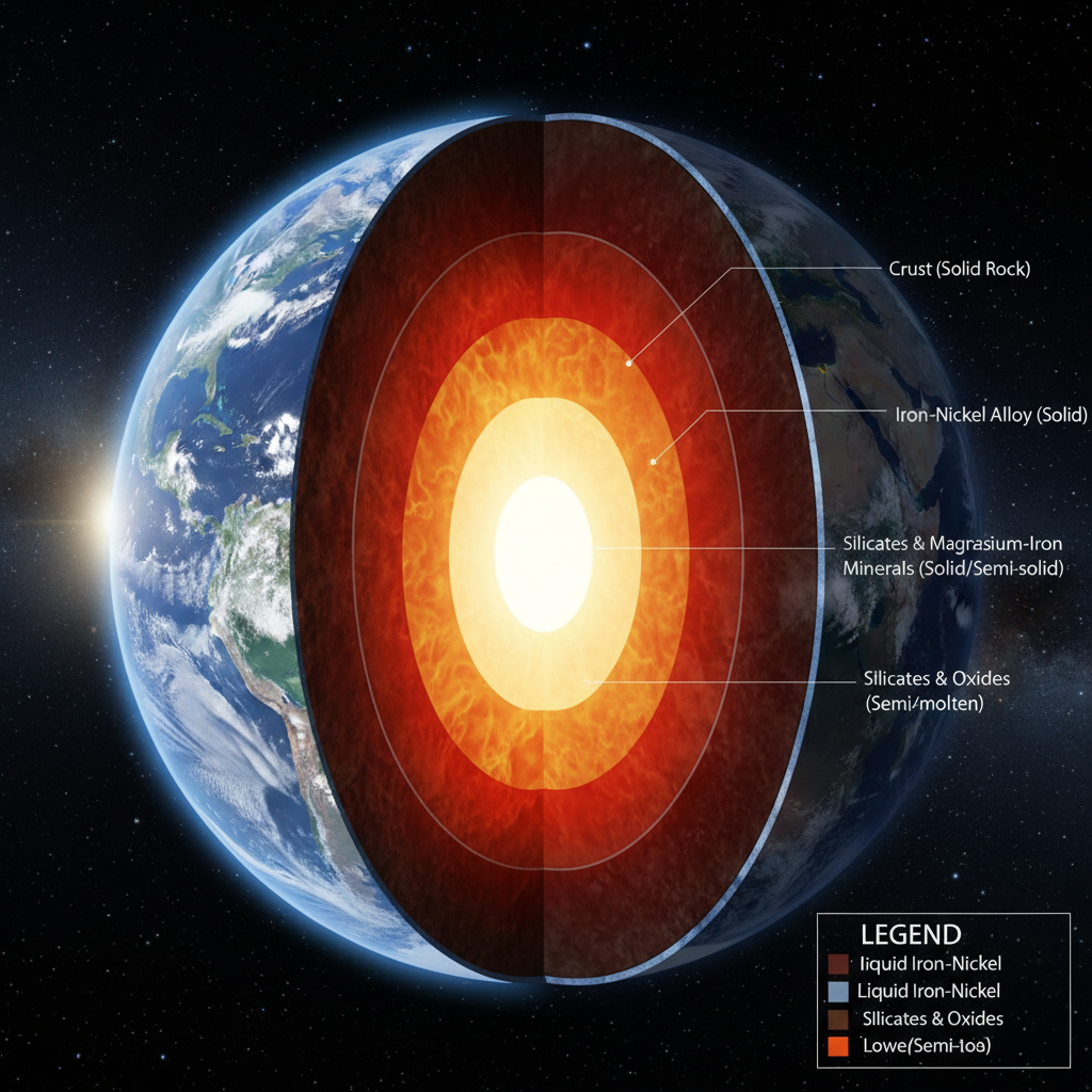 Earth from space showing the planet surface, scientific visualization of Earth core composition
