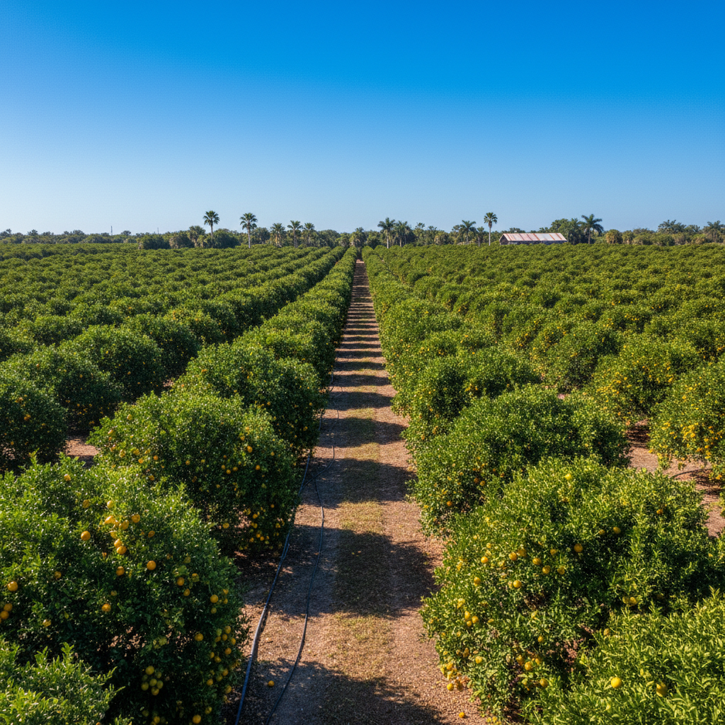 Florida citrus grove with well-managed canopy tops, organized tree height across commercial grove rows, blue sky above