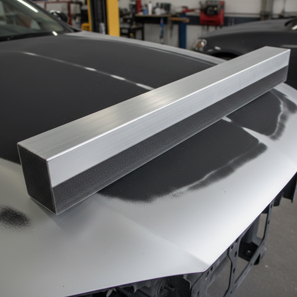 Long aluminum block with 220-grit paper moving across hood surface, guide coat black powder revealing low spots