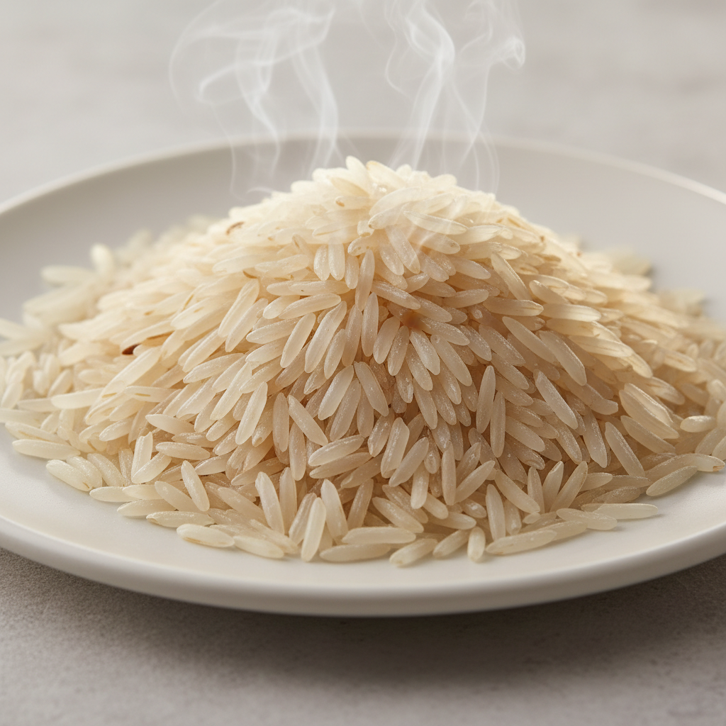 White long-grain basmati rice in a white bowl on a clean bright background